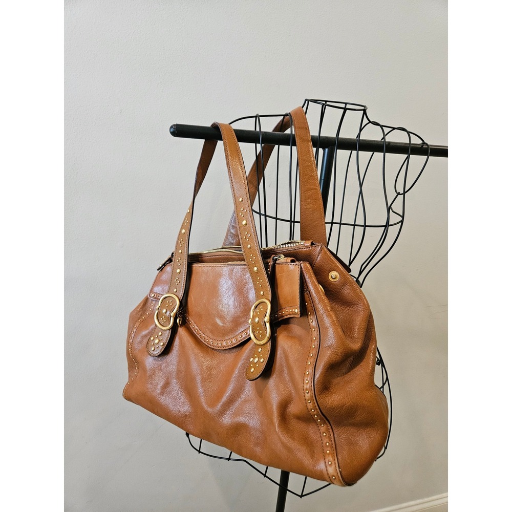 Michael Kors Brown Leather Studded Shoulder Bag Satchel Gold Large - Picture 3 of 12